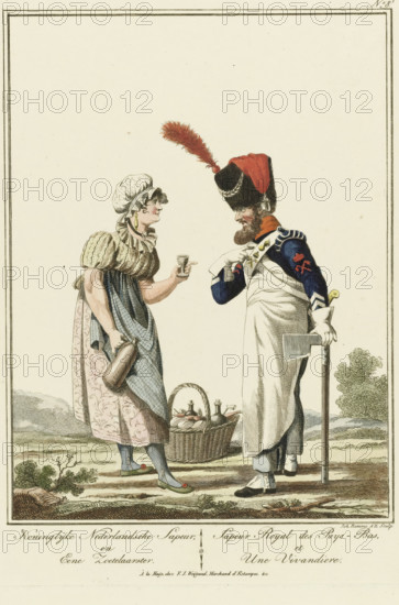 Royal Dutch Sapeur and a sweetseller, Sappeur with a sweetseller, Uniforms and traditional costumes, print, Series number, 8, 12, printmaker: Joannes Bemme, Rotterdam, after drawing by Jan Anthonie Langendijk Dzn, publisher: François Joseph Weygand, 1800 - 1841, paper, etching, hand coloring, hand colored, height 280 mm x width 203 mm, folk costume, regional costume, street-trader - BB - women engaged in trade and commerce, (military) uniforms, female sutler, canteen-woman, A colored print shows a woman and a man standing and facing each other on a simple outdoor ground with distant low hills and a tree. The woman wears a patterned bonnet, a short puffed-sleeve dress with a ruffled collar, an apron, patterned skirt, and stockings with shoes that have small decorative pom-poms; she holds a bottle in one hand and a small cup in the other, and a wicker basket filled with bottles and loaves sits at her feet. The man wears a tall fur hat topped with a long feather and a red cloth, a dark ja...