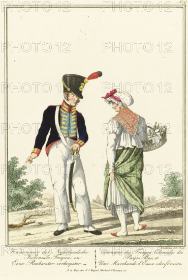 Gunner of the Dutch Colonial troops, and a cologne seller, Cannoneer with a cog seller, Uniforms and traditional costumes, print, Series number, 9, 12, printmaker: Joannes Bemme, Rotterdam, after drawing by Jan Anthonie Langendijk Dzn, publisher: François Joseph Weygand, 1800 - 1841, paper, etching, hand coloring, hand colored, height 280 mm x width 203 mm, folk costume, regional costume, street-trader - BB - women engaged in trade and commerce, (military) uniforms, A colored print shows a man in a dark military jacket with decorative horizontal braiding on the chest, a high collar, white trousers, and a tall black hat with a plume, standing with one hand pointing downward and the other resting near a sword; beside him a woman wears a headscarf with a bow, a patterned shawl over a white blouse, a green patterned skirt lifted slightly to reveal a striped underskirt, and she carries a shallow basket filled with bottles and small containers; the scene is set on a simple landscape with spa...