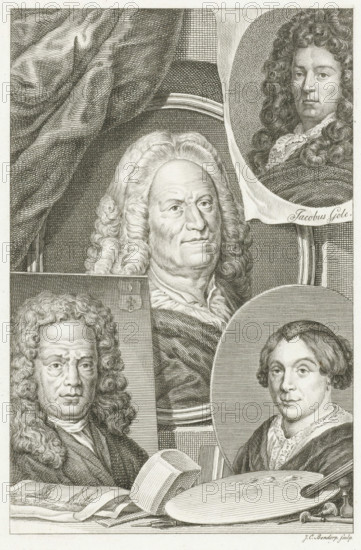 Four portraits of Dutch artists Hendrik Noteman, Jacob Gole, Maria Schalcken and Wigerus Vitringa, print, Four portraits of Dutch artists: Hendrik Noteman in the center, Jacob Gole in the upper right, Maria Schalcken in the lower right and Wigerus Vitringa in the lower left. In the foreground lie artists' supplies such as a painter's palette and burins., printmaker: Johannes Christiaan Bendorp, Netherlands, after design by unknown, 1776 - 1816, paper, etching, height 228 mm x width 146 mm, Print used in: R. van Eijnden and A. van der Willigen, Geschiedenis der vaderlandsche schilderkunst, vol. I, Haarlem 1816, opposite p. 236. The portrait of Maria Schalcken was made after a painted self-portrait by the artist., Person, Wigerus Vitringa, Hendrik Noteman, Maria Schalcken, portrait, self-portrait of painter, tools, implements of painter, A detailed black and white engraved composition showing multiple portraitmedallions and busts of people with elaborate curled wigs and period clothing, ...