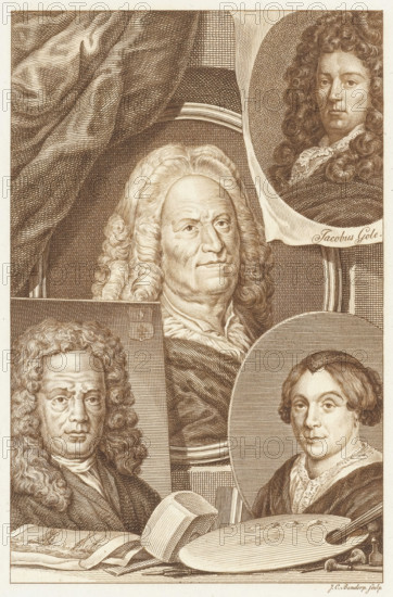 Four portraits of Dutch artists Hendrik Noteman, Jacob Gole, Maria Schalcken and Wigerus Vitringa, print, Four portraits of Dutch artists: Hendrik Noteman in the center, Jacob Gole in the upper right, Maria Schalcken in the lower right and Wigerus Vitringa in the lower left. In the foreground lie artists' supplies such as a painter's palette and burins., date: '1816', printmaker: Johannes Christiaan Bendorp, Netherlands, after design by unknown, 1776 - 1816, paper, etching, etching in brown, height 223 mm x width 146 mm, Print used in: R. van Eijnden and A. van der Willigen, Geschiedenis der vaderlandsche schilderkunst, vol. I, Haarlem 1816, opposite p. 236. The portrait of Maria Schalcken was made after a painted self-portrait by the artist., Person, Wigerus Vitringa, Hendrik Noteman, Maria Schalcken, portrait, self-portrait of painter, tools, implements of painter, A sepia-toned engraved composition shows several framed portraits and drawing tools arranged together. A large central p...