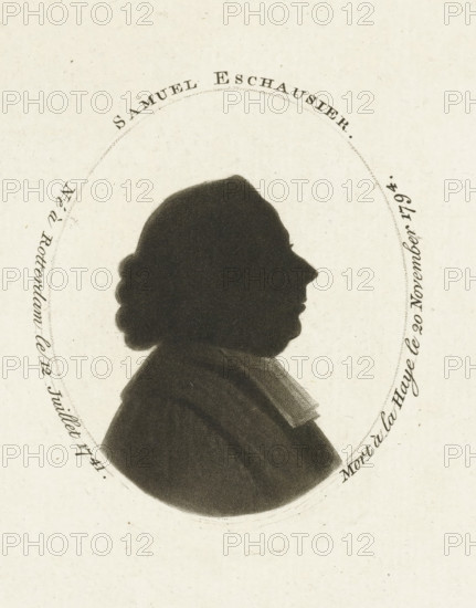 Silhouette portrait of Samuel Eschauzier, Samuel Eschausier, print, printmaker: Johannes Christiaan Bendorp, Netherlands, 1794 - 1849, paper, etching, roulette, height 207 mm x width 144 mm, Person, Samuel Eschauzier, historical persons, officials and dignitaries (with NAME), episcopal Protestant churches, A dark silhouette in profile of a person with rounded hair gathered at the back and a pronounced nose is centered inside an oval outline on a light, textured background, the figure wearing a high-collared garment and a layered scarf or cravat visible at the neck.