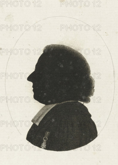 Silhouette portrait of an unknown minister, print, Bust in silhouette of an unknown minister, a striking detail on the black clothing is the decoration in the form of a ribbon with a cross., printmaker: Johannes Christiaan Bendorp, Netherlands, 1776 - 1849, paper, etching, height 138 mm x width 108 mm, In inscription on verso a name is mentioned but it is difficult to read, initials possibly Ch. de la S., functionaries and dignitaries (with NAME), episcopal Protestant churches, A black silhouette profile of a person facing left on a light textured background, showing a rounded head with short curled hair, a prominent forehead and nose, a visible ear and chin, and a collar with layered fabric. There is a dotted oval surrounding the head area and a small decorative pendant hanging near the lower edge of the silhouette.