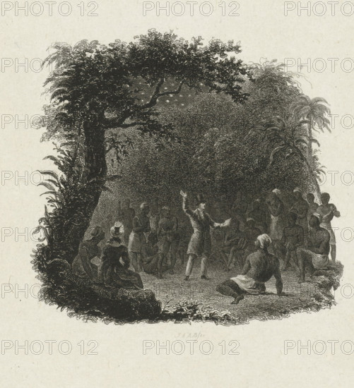 Edwin Bligh Reads from the Bible to Enslaved African Americans in a Forest in Mississippi, print, book illustration, Scene from a book in which Edwin Bligh and his sister Lusy Bligh read from the Bible in a clearing in a forest. Enslaved African Americans listen along around them., printmaker: Johannes Alexander Rudolf Best, Amsterdam, c. 1836 - c. 1855, paper, chine collé, etching, etching on chine collé, height 239 mm x width 142 mm, Illustration for the title page: Jonathan Jefferson Whitlaw, or Scenes on the Banks of the Mississippi, by Mrs Frances Trollope, Part One. Wed. A. Loosjes Pz. (publisher) Haarlem 1837, original English edition (1836), illustration accompanying text on p. 185., slavery, serfs and enslaved persons, spreading the gospel, missionary work, reading to somebody, master, enslaved person, persons of African origin, A detailed black and white etching shows a dense leafy arch formed by trees and foliage framing a clearing where a crowd of people gathers; a central ...