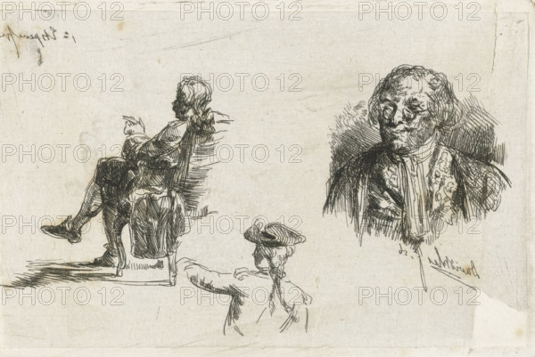 Study sheet with three figures, print, On the left sits a man in an armchair, beneath a soldier with a hat, on the right a bust of an older gentleman with glasses., inscription: 'Etching by David Bles', printmaker: David Bles, The Hague, 1856, paper, chine collé, etching, etching on chine collé, first proof, height 92 mm x width 140 mm, drawing, sketch, eyeglasses, spectacles, A sepia-toned ink sketch on textured paper shows a seated man in profile on the left, legs crossed and leaning back in a chair with visible chair legs and a draped cloth, his hands held near his chest. Near the lower center a second figure is sketched from behind with a tied headscarf and an outstretched arm. On the right a detailed bust of an older man with glasses, curly hair, and ornate clothing is rendered with dense crosshatching, and a small hat lies between the seated figure and the bust. The paper shows faint marks, smudges, and subtle creases across the background.