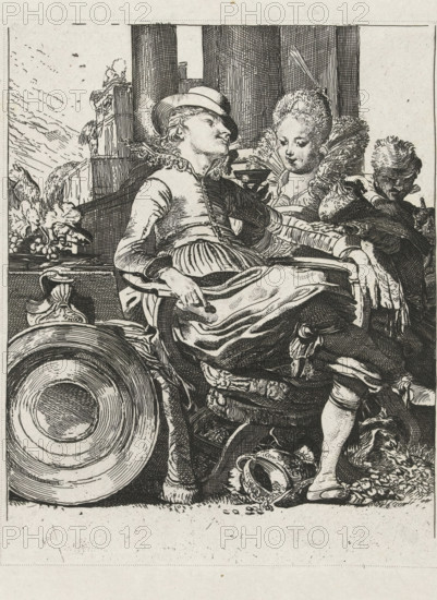 Lucella and Ascagnes as a love couple, The couple in love, print, printmaker: Johannes Arnoldus Boland, Amsterdam, after print by Willem Pietersz Buytewech, publisher: Kemink & Zoon, Utrecht, 1866, Willem Pietersz Buytewech, after print by, paper, chine collé, etching, etching on chine collé, height 262 mm x width 213 mm, Illustration for JP van der Kellen, Le peintre graveur hollandais et flamand, Utrecht: 1866., couple of lovers, (scenes from) specific works of literature: Bredero, Lucelle, A detailed black and white engraving shows three seated figures in ornate period clothing. The central figure reclines with a wide-brimmed hat resting near them and a hand holding a small object, wearing a fitted jacket and a skirt with folds. To the right a person with an elaborate ruffled collar leans close, head tilted and eyes downcast, with textured hair and richly patterned sleeves. A third figure behind them has a rounded hairstyle and looks downward while clasping something. Architectural ...
