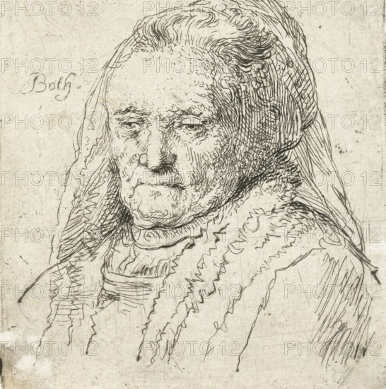 Portrait bust of Rembrandt's mother, print, Portrait bust of Neeltje Willemsdochter Zuytbrouck, the mother of the painter Rembrandt Harmensz. van Rijn., printmaker: Andries Both, unknown, after print by Rembrandt van Rijn, c. 1622 - c. 1642, Andries Both, Rembrandt van Rijn, printmaker, after print by, paper, etching, height 66 mm x width 56 mm, Person, Neeltje Willemsdr. Zuytbrouck, historical persons, A detailed ink line drawing of an elderly person's head and upper torso, showing a wrinkled face with closed or nearly closed eyes, a prominent nose, and downturned mouth, framed by wavy hair partially covered by a draped headscarf and a fur-lined collar; the lines vary from fine crosshatching to bold strokes and the background is a textured pale surface with faint smudges and scratches.