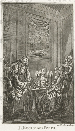 Father's School, L'Ecole des Peres, print, book illustration, Illustration for the story 'L'Ecole des Peres' from J.F. Marmontel's short story collection 'Contes moreaux'. A father sits at the table with his daughter and her friends. His son enters with a friend. The father receives a letter during the meal., printmaker: N. de Boubers, unknown, after design by Hubert François Gravelot, Paris, after 1765 - c. 1780, paper, etching, engraving, etching and engraving, height 150 mm x width 188 mm, Created as an illustration for an edition by: Jean François Marmontel 'Contes moreaux'., father with son(s) and daughter(s) (father love), An interior scene rendered in fine linework shows a group of people gathered around a round table covered with a draped cloth, with a set of lit candles in a multi-branched candlestick at the center. Seated figures in period clothing with detailed garments and ruffled sleeves occupy chairs around the table, while a standing man leans toward a seated gentleman, ...