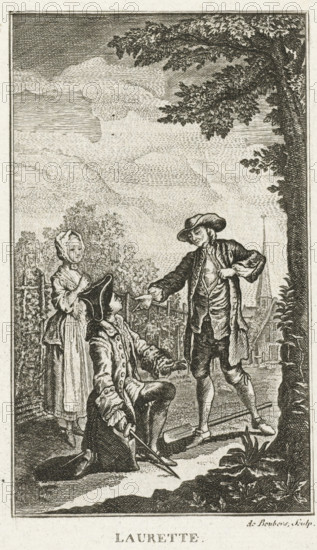 Laurette and the Count of Luzy, Laurette, print, book illustration, Illustration for the story 'Laurette' from J.F. Marmontel's short story collection 'Contes moreaux'. The poor but beautiful peasant girl Laurette dances with the Count of Luzy at a village festival. He falls instantly in love with the girl and asks her father for her hand. The count kneels before the peasant, Laurette stands beside them., printmaker: N. de Boubers, unknown, after design by Hubert François Gravelot, Paris, after 1765 - c. 1780, N. de Boubers, Hubert François Gravelot, printmaker, after design by, paper, etching, engraving, etching and engraving, height 150 mm x width 85 mm, Created as an illustration for an edition by: Jean François Marmontel 'Contes moreaux'., married couple of unequal wealth, requesting the bride's parents' permission, A tall tree with spreading branches frames the right side and top of the scene, its leaves rendered in dense crosshatching, and a textured sky fills the upper area. In ...