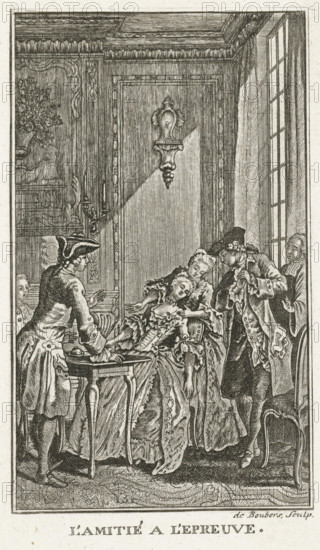 Friendship Put to the Test, L'Amitié a L'Epreuve, print, book illustration, Illustration for the story 'L'Amitié a L'Epreuve' from J.F. Marmontel's short story collection 'Contes moreaux'. Blandford leaves his future wife Coraly behind with his good friend Nelson and his sister. Coraly and Nelson fall in love with each other. When Blandford returns from his journey, Coraly must make a choice. Blandford and Nelson stand at the table in front of Coraly. Coraly faints and is supported by Nelson's sister., printmaker: N. de Boubers, unknown, after design by Hubert François Gravelot, Paris, after 1765 - c. 1780, paper, etching, engraving, etching and engraving, height 150 mm x width 85 mm, Created as an illustration for an edition by: Jean François Marmontel 'Contes moreaux'., fainting, swooning, woman given by one man to another man, yielding one's beloved, A finely detailed interior scene shows ornate wall paneling and a tall multi-paned window letting in light, with a decorative sconce o...