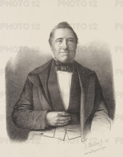 Portrait of an unknown man, print, printmaker: S. Altmann, Netherlands, 1855, paper, lithography, height 387 mm x width 274 mm, anonymous historical person depicted, A monochrome portrait of a seated man from the waist up rendered in a charcoal or pencil style, showing a middle-aged man with neatly combed hair and sideburns, a calm facial expression, and eyes looking slightly upward; he wears a dark coat over a lighter waistcoat and a white shirt with a bow tie, one hand rests on his abdomen while the other arm is positioned to the side, and the background is softly shaded with textured strokes.