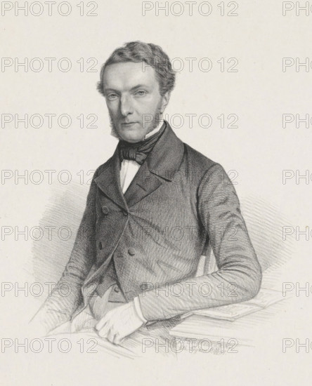 Portrait of an unknown man, print, The sitter is seated on a chair, turned away from a table. His left elbow rests on an open book on the table., printmaker: Johann Peter Berghaus, Leiden, 1851-07-30, paper, chine collé, lithography, lithography on chine collé, height 338 mm x width 260 mm, historical persons, book - MM - book open, A monochrome pencil or charcoal portrait of a seated man shown from the waist up, wearing a dark double-breasted coat with wide lapels, a high-collared shirt, and a bow tie, his hair short and wavy with sideburns, his expression neutral and his gaze directed forward, one arm resting on an armrest or cushion and the other hand relaxed in his lap, with soft shading and crosshatching creating depth against a plain light background.