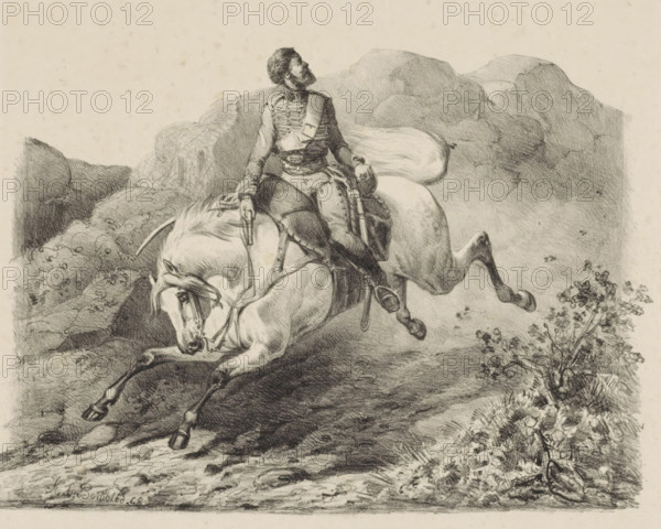 Fleeing soldier on horseback, print, The horse gallops through a rocky landscape. The rider looks over his shoulder and has a pistol in his right hand., printmaker: Karel Frederik Bombled, 1832 - 1902, paper, lithography, height 240 mm x width 325 mm, firearms, private soldier, horses and kindred animals, flight, running away, pursuing, looking over the shoulder, A monochrome drawing shows a soldier in a decorated uniform sitting astride a rearing horse on rocky terrain; the soldier looks upward and holds reins and a pistol, with detailed straps and boots visible, while the horse paws at the ground and has a flowing mane and tail. Rocks and hills form the background, and plants and small bushes grow at the lower edge of the scene.