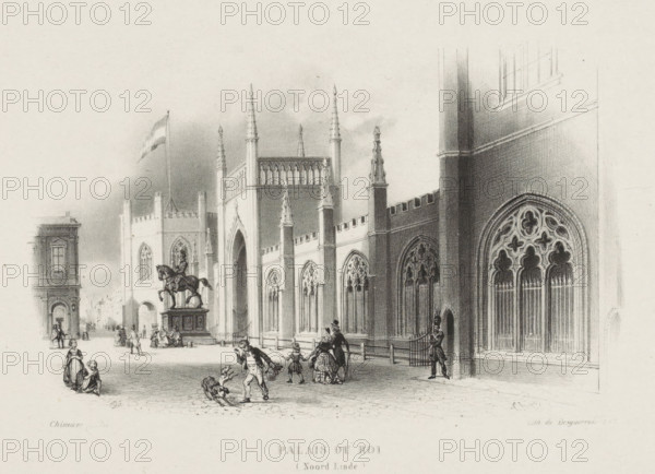 Palais du Roi (Noord Einde), View of the Gothic gallery of Kneuterdijk Palace, print, A soldier stands on guard in front of the Gothic gallery. On the left stands the equestrian statue of Prince William I. Various figures are walking on the square; a man is gesturing to two dogs. A wing of Noordeinde Palace is visible on the left., printmaker: Wilhelmus Cornelis Chimaer van Oudendorp, Netherlands, printer (person): Desguerrois & Co., Amsterdam, 1832 - 1873, printer (person), paper, chine collé, lithography, lithography on chine collé, height 265 mm x width 334 mm, Person, William I (Prince of Orange), equestrian statue, guard duty, keeping sentry, palace, The Hague, A detailed pencil drawing of a street scene dominated by a large Gothic building with tall pointed pinnacles and ornate arched windows, showing tracery in the window openings and a crenellated parapet along the roofline; in front of the building stands an elevated equestrian statue on a high plinth with a flag flying nearby...