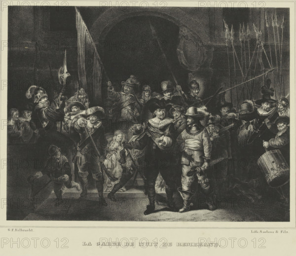 Night Watch, Officers and other musketeers of District II in Amsterdam under the command of Captain Frans Banninck Cocq and Lieutenant Willem van Ruytenburch, known as the 'Night Watch', print, The corporalship of Captain Frans Banninck Cocq and Lieutenant Willem van Ruytenburch, known as the 'Night Watch'. The musketeers of the Kloveniersdoelen are coming out through a gate. The musketeers are armed with lances, muskets, and halberds. On the right is the drummer with a large drum. Among the soldiers on the left stands a girl with a dead chicken around her waist, on the right a barking dog. Top left is the ensign with the outstretched standard. After a painting by Rembrandt Harmensz. van Rijn in the Rijks Museum Amsterdam., printmaker: Gerhardus Fredericus Eilbracht, The Hague, after painting by Rembrandt van Rijn, Amsterdam, printer (person): Soetens & Fils, 1837 - 1840, printer (person), paper, lithography, lithografie, height 312 mm x width 445 mm, warfare, military affairs (citizen...