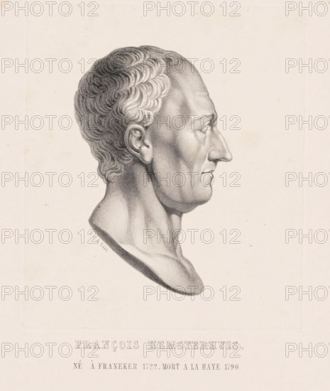 Portrait of François Hemsterhuis, print, The sitter is depicted in profile as an antique portrait bust., printmaker: Carel Christiaan Antony Last, printer (person): P. Blommers (Steendrukkerij van), The Hague, publisher: W. Eekhoff, Leeuwarden, 1850, printer (person), paper, chine collé, lithography, lithography on chine collé, height 204 mm x width 157 mm, Person, Frans Hemsterhuis, historical persons (profile portrait), A detailed pencil or charcoal profile drawing of an older man's bust facing right, showing a pronounced nose, defined cheekbones, and a strong jawline; his hair is short and wavy with visible texture, and his ear and neck muscles are carefully shaded; the bust rests on an oval base and is centered on a light, textured background with faint spots and borders.
