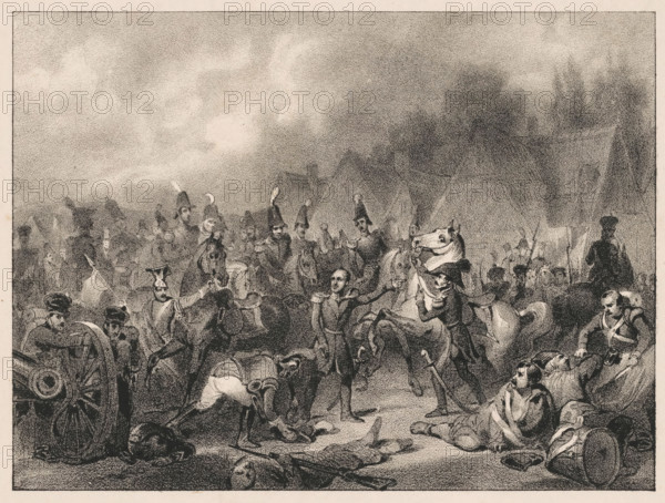 Battle, print, In the middle of the mounted troops stands a commander. He points forward. In the foreground a cannon and wounded., printmaker: attributed to Carel Christiaan Antony Last, 1818 - 1876, Attributed to, paper, lithography, lithografie, height 180 mm x width 225 mm, firearms: cannon, charge, A densely detailed monochrome scene showing a crowded battlefield encampment with numerous soldiers in period uniforms, some mounted on horses wearing bridles and plumed helmets, others standing or sitting on the ground among scattered equipment and artillery wheels; tents rise in the background beneath a cloudy sky, and figures cluster around central officers who gesture and hold reins, while wounded or resting men lie or sit on the foreground terrain surrounded by muskets, drum, and accoutrements.