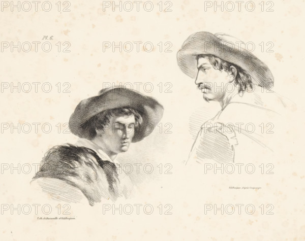 Men with hats, print, Series number, 6, Study sheet with two men with hats., printmaker: Pieter Veldhuijzen, after design by Reinier Craeyvanger, printer (person): Daiwaille en Veldhuijzen, Netherlands, 1831 - 1832, printer (person), paper, lithography, lithografie, height 240 mm x width 339 mm, adult man, The image shows a pencil or charcoal drawing of two men wearing wide-brimmed hats; one man is shown in a three-quarter profile facing slightly down with closed eyes and a fur-lined garment over his shoulders, and the other man is depicted in a profile facing left with a mustache and longer hair visible beneath his hat, wearing a simple shirt with visible sketch lines indicating folds.