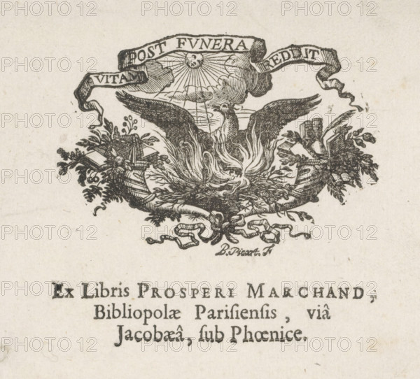 Ex libris of the bookseller Prosper Marchand 'In den Parijschen boekwinkel' in the St. Jacobsstraat in Amsterdam, print, bookplate, A burning phoenix in a nest rises from its own ashes., printmaker: Bernard Picart, Amsterdam, 1683 - 1733, paper, woodcut, letterpress printing, woodcut and text in letterpress, height 89 mm x width 106 mm, fabulous animals, birds: phoenix, ex-libris, A detailed black ink illustration shows a rising bird with outstretched wings emerging from stylized flames and surrounded by foliage, books, and ribbons; above the bird a cloud with rays and a sun motif is partially obscured by flowing banners, and below the illustration a decorative ribbon knot is visible.