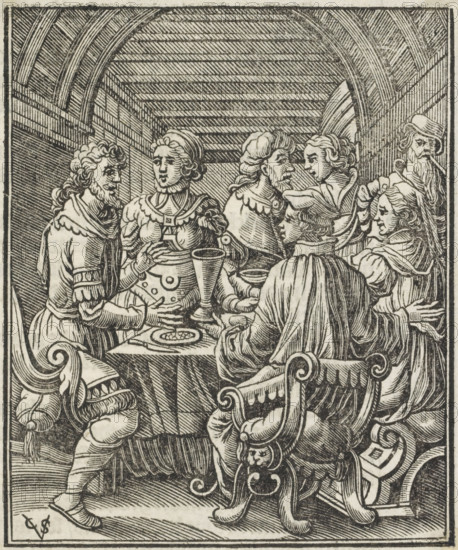 Company around a table with a meal on it, print, book illustration, printmaker: Christoffel van Sichem (II), Amsterdam, 1581 - 1658, paper, woodcut, letterpress printing, woodcut and text in letterpress on the verso, height 112 mm x width 95 mm, A detailed black and white engraving shows a group of people gathered around a table under a vaulted ceiling, with ornate carved chairs in the foreground. The figures wear period clothing with ruffled collars, hats, and draped garments; some have curled hair and beards. Hands rest on the table and on each other, and there are goblets and a shallow dish on the table. Architectural lines create a patterned arch above them, and dense hatching provides shading and texture throughout the scene.