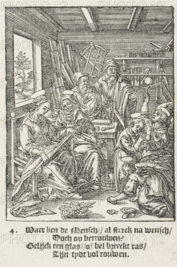 Christ Child blowing soap bubbles, The Childhood of Our Lord Jesus Christ, Youth of Christ, print, Series number, 4, 13, In a room, the Christ Child is blowing soap bubbles together with two angels. His parents and grandparents are watching. Mary is measuring a piece of cloth. In the lower margin, four lines of Dutch text., printmaker: Christoffel van Sichem (II), Amsterdam, after design by Hieronymus Wierix, 1617, paper, woodcut, letterpress printing, woodcut and text in letterpress, height 138 mm x width 86 mm, angels, Joseph and the Christ-child, daily life in Nazareth, the Christ-child blowing bubbles, household occupations of Mary, An interior scene rendered in fine black linework shows a group of people gathered in a workshoplike room with a beamed ceiling and a window opening to a view of a tree and distant landscape. Several seated and standing figures wear robes and head coverings, some with circular halos above their heads, and one older bearded man stands near the center ges...