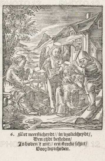 Christ Child picking up wood chips, Youth of Christ, The Childhood of Our Lord Jesus Christ, print, Series number, 6, 13, Joseph chops wood from a tree trunk. The Christ Child picks up the chips. He is helped by two angels who gather the wood in their cloaks. Mary sits with them and is spinning. In the lower margin four lines of Dutch text., printmaker: Christoffel van Sichem (II), Amsterdam, after design by Hieronymus Wierix, 1617, paper, woodcut, letterpress printing, woodcut and text in letterpress, height 137 mm x width 87 mm, angels, Joseph and the Christ-child, daily life in Nazareth, household occupations of Mary, A black and white woodcut-style scene shows a group of figures outside a building with a steep roof and a small window; one central figure has wings and a halo and stands facing the viewer, while other figures around them wear simple garments and head coverings and engage in various actions such as bending, holding tools, and working with a spinning device and baskets;...
