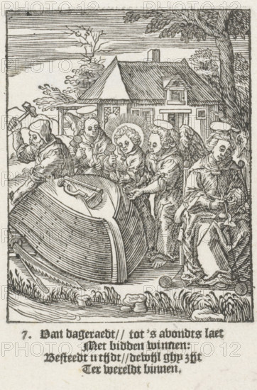 Christ Child builds a ship, The Childhood of Our Lord Jesus Christ, Youth of Christ, print, Series number, 7, 13, The Christ Child helps his father Joseph build a ship. He is assisted by two angels. Mary sits with them and is knitting. In the lower margin four lines of Dutch text., printmaker: Christoffel van Sichem (II), Amsterdam, after design by Hieronymus Wierix, 1617, paper, woodcut, letterpress printing, woodcut and text in letterpress, height 137 mm x width 85 mm, angels, Joseph and the Christ-child, daily life in Nazareth, household occupations of Mary, A detailed black and white engraving shows a group of robed figures gathered around a large overturned barrel or tub in the foreground, with one figure on the left holding a mallet and others appearing to handle tools or objects near the opening of the vessel; several figures have halos and wings suggesting angelic appearances, and one seated figure on the right holds a scale while gazing downward. Behind them stands a simple ho...