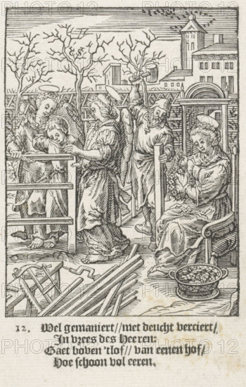 Christ Child builds a fence, The Childhood of Our Lord Jesus Christ, Youth of Christ, print, Series number, 12, 13, Helped by two angels, the Christ Child builds a fence. Together with his father Joseph, he works in the garden. Mary sits with them and strings a wreath of flowers. In the lower margin four lines of Dutch text., printmaker: Christoffel van Sichem (II), Amsterdam, after design by Hieronymus Wierix, 1617, paper, woodcut, letterpress printing, woodcut and text in letterpress, height 137 mm x width 84 mm, angels, Joseph and the Christ-child, daily life in Nazareth, household occupations of Mary, A black and white woodcut shows a group of people in an outdoor setting with bare trees and buildings in the background. Several figures wear long robes and have halos; one seated woman on the right holds flowers and sits in a chair beside a shallow basket filled with round objects. A standing man near her grips a vertical post and raises a mallet overhead. Two other standing figures ...