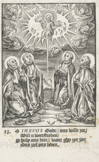 Christ Child in a halo, Youth of Christ, The Childhood of Our Lord Jesus Christ, print, Series number, 13, The Christ Child in a halo with a flaming heart in each hand, surrounded by cherubim. The Child is adored by four Jesuits: Ignatius of Loyola, Francis Xavier, Aloysius Gonzaga, and Stanislaus Kostka. In the bottom margin four lines of Dutch text., printmaker: Christoffel van Sichem (II), Amsterdam, after design by Hieronymus Wierix, 1617, paper, woodcut, letterpress printing, woodcut and text in letterpress, height 137 mm x width 85 mm, Person, Ignatius van Loyola, Stanislaus Kostka, Christ-child (with attributes), the founder of the Jesuit Order, possible attributes: book (with 'ad majorem Dei gloriam'), demon, dragon under feet, flames, flaming heart, globe, IHS monogram, skull (with crown), tears in eyes, torch, the Jesuit missionary Francis Xavier, possible attributes: cross, crucifix, Indian, lily, the Jesuit friar Aloysius Gonzaga, discipline, male saints (with NAME), A blac...