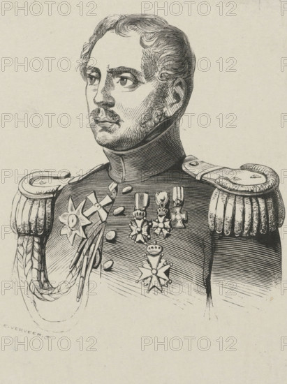 Man in a military costume, print, printmaker: Elchanon Verveer, The Hague, 1836 - 1900, paper, chine collé, wood engraving, wood engraving on chine collé, height 137 mm x width 105 mm, (military) uniforms, A close-up black and white ink illustration of a man in a formal military uniform shown from the chest up, facing slightly left, with short wavy hair and a trimmed mustache and sideburns; he wears a high collar and ornate epaulettes on both shoulders with braided cords hanging from the left, and several decorative medals and star-shaped insignia pinned across his chest and suspended from ribbons; the drawing is rendered with fine cross-hatching and line work on a pale textured background.