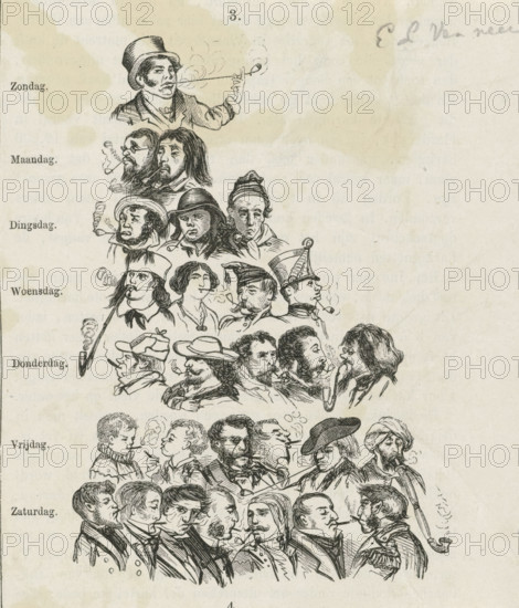 Pyramid of various smoking figures with the days of the week, print, book illustration, printmaker: Elchanon Verveer, The Hague, 1836 - 1900, paper, wood engraving, letterpress printing, wood engraving and text in letterpress, height 122 mm x width 104 mm, pipe, tobacco (taking (particular) foodstuffs: eating, drinking, smoking, chewing, etc.), cigarette (taking (particular) foodstuffs: eating, various human types, cigar (taking (particular) foodstuffs: eating, A vertical series of black ink caricature portraits fills the left side of an aged, stained sheet, showing rows of men and a few women with varied hats, hairstyles, facial hair, and expressions, many holding or puffing on long pipes that trail curling smoke; the topmost figure wears a top hat and extends a long-stemmed pipe, below him groups of faces include bearded men, a soldier in a peaked helmet, a woman with short hair, a man with a cap and drooping mustache, and further down a cluster of men in coats and cravats, all rende...