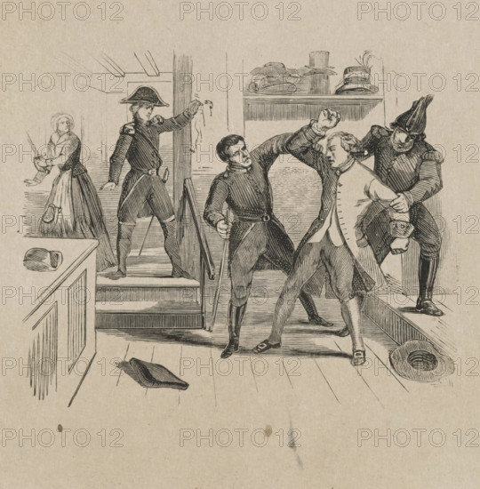 Twist in a millinery shop, print, printmaker: Isaac Weissenbruch, Netherlands, 1836 - 1912, paper, wood engraving, height 108 mm x width 127 mm, head-gear: hat, shop, store, quarrel, argument, A black and white ink illustration shows a group of five people in a room with wooden floorboards and a staircase. Two men in uniform stand near the center; one holds a baton and raises his arm while another grips the arm of a civilian man wearing a long coat who leans back with a pained expression. A third uniformed man stands behind the civilian, holding him by the shoulder and wearing a tall pointed hat. A woman in a dress and bonnet stands on the stairs holding a cloth to her chest and looking toward the scene. Several hats rest on a shelf and two hats lie on the floor and a table. The room features a railing, a doorway, and visible beams on the ceiling.