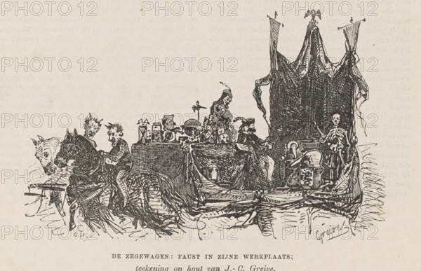 The Chariot: Faust in his workshop, Procession in Deventer on April 26, 1864 in remembrance of the liberation of Deventer on April 26, 1814, print, book illustration, printmaker: Isaac Weissenbruch, Netherlands, after design by Johan Conrad Greive, 1864, paper, wood engraving, letterpress printing, wood engraving and text in letterpress, height 307 mm x width 192 mm, A black ink illustration on a light background shows a procession-like scene with two horses at the left ridden by figures, behind them a platform or wagon laden with various objects and seated figures, one figure wearing a pointed hat and another with a helmeted head among draped fabrics, containers, and ornamental items; a tall, dark draped structure rises at the right of the platform, and a skeleton-like figure stands near the front of that structure holding a rod, with additional small figures and carved or sculpted heads visible among the cluttered details.