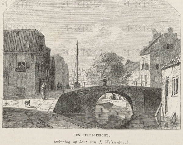 Cityscape with a bridge, print, book illustration, printmaker: Isaac Weissenbruch, Netherlands, after design by Jan Weissenbruch, 1836 - 1912, paper, wood engraving, letterpress printing, wood engraving and text in letterpress, height 121 mm x width 189 mm, bridge in city across river, canal, etc. (city(-scape) with figures, staffage), A monochrome etching of a canal scene showing a stone arched bridge spanning a waterway with a small boat passing beneath the arch. Buildings with shuttered windows and steep roofs line both sides of the canal, and a taller building with stepped gables appears on the right. Figures stand and walk across the bridge and along the pavement, including a person leaning on the bridge railing and another on the quay. A person sits in the boat under the arch, and a small animal is on the pavement near the left building. Trees rise behind the bridge, and a tall mast or pole is visible beyond the buildings, with horizontal etching lines forming a textured sky.
