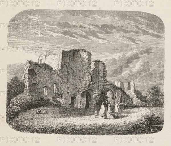 The Courtyard, Courtyard of the Ruins of Brederode Castle, print, book illustration, printmaker: Isaac Weissenbruch, Netherlands, publisher: Gebroeders van Es, Amsterdam, 1861, paper, wood engraving, letterpress printing, wood engraving and text in letterpress, height 228 mm x width 187 mm, An engraved scene shows the ruins of a stone building with crumbling walls, arched openings, and uneven masonry surrounded by low vegetation and scattered bushes, a group of people in period clothing standing and walking near the ruins including figures wearing long dresses and a man with a hat, a small child nearby, and two animals grazing on the ground, all beneath a sky rendered with horizontal line shading and wispy cloud patterns.
