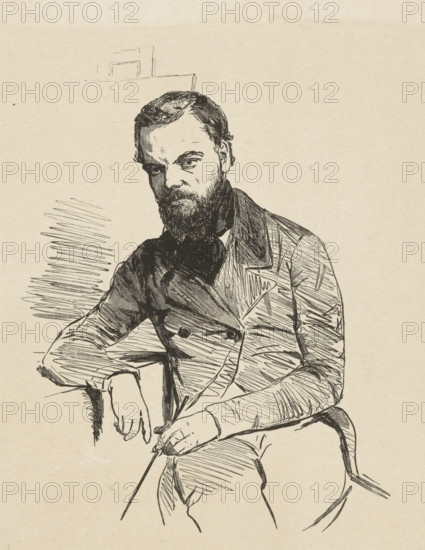 Portrait of Jan Weissenbruch, print, printmaker: Isaac Weissenbruch, Netherlands, 1840 - 1912, paper, wood engraving, height 156 mm x width 126 mm, Person, Jan Weissenbruch, portrait, self-portrait of artist, A monochrome pen drawing of a seated man with a beard and mustache, wearing a double-breasted coat with wide lapels and a dark cravat, his head tilted slightly and eyes looking forward, one arm resting on an armrest and the other hand holding a thin stick or cane, with hatched shading and sketch lines defining his clothing, face, and hands against a plain, lightly textured background.