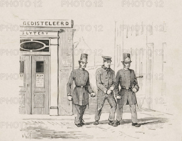 Chained man led away from a liquor store by two officers, Abolition of alcoholic beverages in 1838, print, printmaker: Isaac Weissenbruch, Netherlands, after design by Jan Weissenbruch, 1838 - 1912, paper, wood engraving, height 98 mm x width 117 mm, policeman, constable, alcoholic drinks, prisoner with hands bound, Period, 1838, A black and white ink drawing shows three uniformed men walking side by side on a street in front of a building entrance with decorative paneling and an oval window feature; the two outer men wear tall hats and long double-breasted coats, the center man wears a peaked cap and a shorter coat, all three hold batons or sticks and have stern facial expressions, while faint outlines of adjacent buildings and a distant roofline appear in the background.