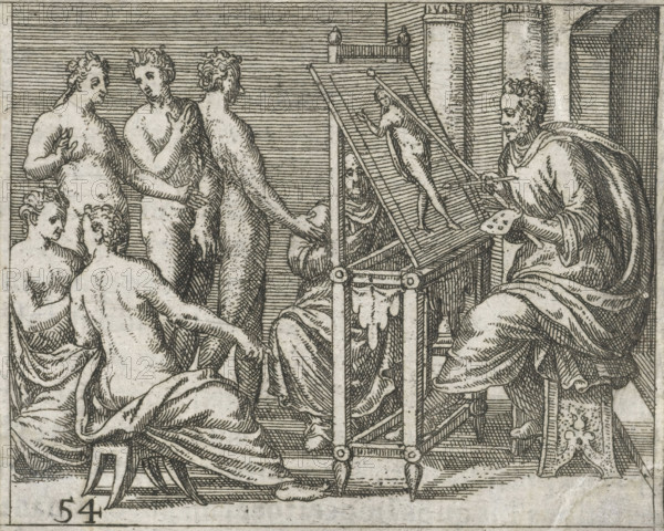 EX OPTIMIS PRAESTATIORES VITAE MAGISTROS IMITADOS, Artist painting from a nude model, Denis Lebey de Batilly, Emblemata, 1596, print, book illustration, cognizance, Series number, 54, 63, A painter sits at the easel in his workshop. He is painting from a nude model. A group of models are chatting in front of the easel., printmaker: Theodor de Bry, Frankfurt am Main, after drawing by Jean Jacques Boissard, writer (clerical worker), Hessen, paper, engraving, height 75 mm x width 85 mm, Frankfurt am Main: T. de Bry, 1596., artist's model, sitter, workshop, studio, painter, A black and white line engraving shows a seated bearded man draped in flowing robes on the right holding a brush and palette and facing a tilted easel with a small painted nude figure on it, while a group of nude figures to the left, some seated and some standing, look toward the easel; architectural elements including a fluted column and an arched opening appear behind the seated man, and the foreground includes the ea...