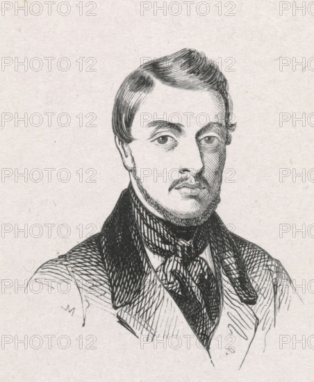 Portrait of Eduard de Biefve, print, printmaker: Monogrammist M (Germany), after drawing by Edouard De Biefve (possibly), 1841 - 1842, paper, wood engraving, height 49 mm x width 43 mm, Person, historical persons, portrait, self-portrait of artist, self-portrait of painter, self-portrait of draftsman, A black ink line drawing of a man from the shoulders up, showing a neatly combed hairstyle with a side part, arched eyebrows, almond-shaped eyes, a straight nose, a small mustache and a short beard along the jawline, and a high-collared coat with a patterned cravat; the portrait is set against a plain, textured paper background.