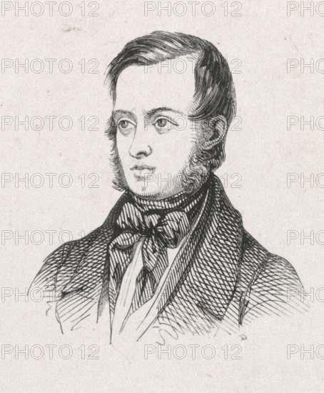 Portrait of Johannes Warnardus Bilders, print, printmaker: Monogrammist D, after drawing by Christiaan Kramm, 1841 - 1842, paper, wood engraving, height 47 mm x width 43 mm, Person, Johannes Warnardus Bilders, historical persons, portrait, self-portrait of artist, self-portrait of painter, self-portrait of draftsman, A black and white engraved portrait of a man shown from the chest up, featuring neatly combed hair, sideburns, and a clean-shaven face, with detailed etched lines rendering his eyes, nose, and lips; he wears a high-collared shirt, a cravat tied at the neck, and a textured coat with patterned shading, all set against a plain light background with subtle paper texture.