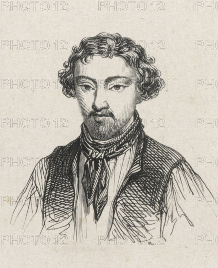 Portrait of Eugenius Frans de Block, print, printmaker: Monogrammist M (Germany), after drawing by Eugène François de Block, 1841 - 1842, paper, wood engraving, height 51 mm x width 50 mm, Person, historical persons, portrait, self-portrait of artist, self-portrait of painter, self-portrait of draftsman, A black ink line drawing of a person from the chest up on a light textured background, showing curly hair, arched eyebrows, almond-shaped eyes, a mustache and small beard, and a straight nose; the figure wears a collared shirt with vertical stripes, a patterned neckerchief tied at the throat, and a textured vest with crosshatched shading, with loose, sketchy lines suggesting the shoulders and clothing edges.