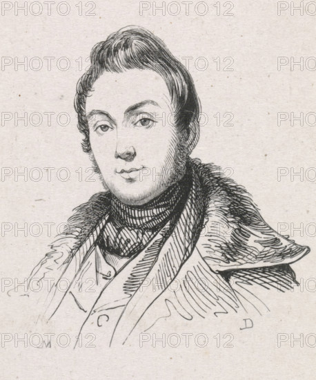 Portrait of Charles van Beveren, print, printmaker: Monogrammist M (Germany), after drawing by Henricus Wilhelmus Couwenberg, 1841 - 1842, paper, wood engraving, height 50 mm x width 46 mm, Person, Charles van Beveren, historical persons, portrait, self-portrait of artist, self-portrait of painter, self-portrait of draftsman, A black ink line drawing of a person from the chest upward wearing layered clothing, including a high collar, a scarf or cravat, and a coat with a fur-trimmed collar; the person has short, wavy hair styled away from the forehead, defined eyebrows, and a neutral facial expression with eyes looking slightly forward, a straight nose, and a small closed mouth; fine crosshatching and parallel lines provide shading on the face, hair, neck, and clothing, and the background is plain paper texture.