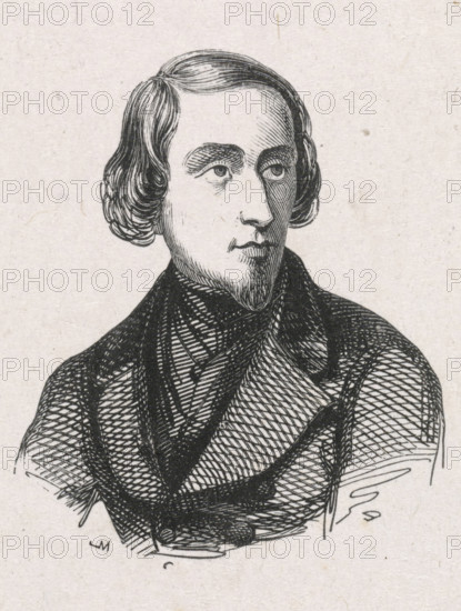 Portrait of Simon van den Berg, print, printmaker: Monogrammist M (Germany), after drawing by Simon van den Berg (possibly), after print by anonymous (possibly), 1841 - 1842, after print by, paper, wood engraving, height 52 mm x width 43 mm, Person, historical persons, portrait, self-portrait of artist, self-portrait of painter, self-portrait of draftsman, A black ink line drawing of a man shown from the chest up on a light textured background, with medium-length hair parted and curled at the sides, a narrow mustache and small pointed beard, high arched eyebrows, and eyes looking slightly to the side; he wears a dark patterned coat and a scarf or cravat with crosshatched shading and detailed linework on the clothing.