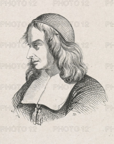 Portrait of Jan de Bray, print, printmaker: Monogrammist M (Germany), after design by Dirck de Bray, 1841 - 1842, paper, wood engraving, height 47 mm x width 40 mm, print after drawing?, Person, Jan de Bray, historical persons, portrait, self-portrait of artist, self-portrait of painter, self-portrait of draughtsman, A black and white line drawing of a person in profile facing left, showing a long face with a prominent nose, a mustache and a small beard on the chin, and long wavy hair that falls past the shoulders; the person wears a rounded cap with parallel hatch lines and a garment with a wide collar and textured sleeves, and a decorative tassel hanging at the front of the chest, all rendered on a light textured background.