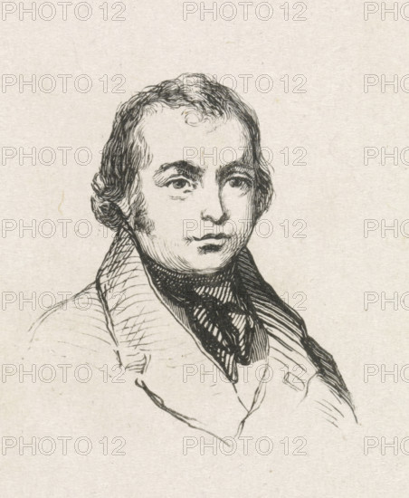 Portrait of Ferdinand de Braekeleer de Oude, print, after drawing by anonymous, 1841 - 1842, printmaker, paper, wood engraving, height 48 mm x width 43 mm, Person, Ferdinand De Braekeleer (I), historical persons, portrait, self-portrait or artist, self-portrait or painter, self-portrait or draftsman, A black ink line drawing of a person shown from the shoulders up on a textured light background, with wavy dark hair, arched eyebrows, large eyes, a straight nose, and closed lips; the figure wears a high-collared garment and a patterned scarf or cravat, with visible crosshatching and fine line shading on the face, hair, and clothing.
