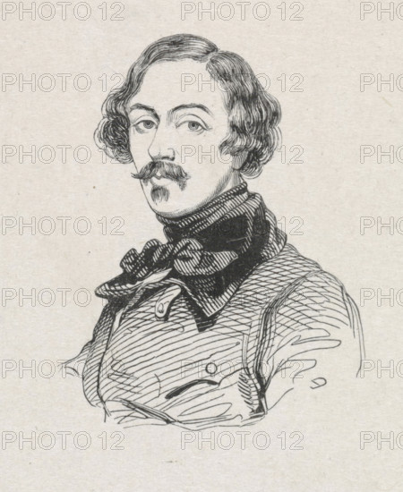 Portrait of Ludovicus Antonius Carolus, print, printmaker: Monogrammist D, after drawing by Coenraad Hamburger (possibly), 1842, paper, wood engraving, height 51 mm x width 40 mm, Person, Louis Antoine Carolus, historical persons, portrait, self-portrait of artist, self-portrait of painter, self-portrait of draftsman, A black ink line drawing of a man from the chest up on a textured light background, showing a face with wavy hair, a narrow mustache and small pointed beard, arched eyebrows and eyes looking slightly to the side, a high collar or scarf wrapped around the neck, a bow or tied neckcloth, and a textured jacket with visible stitching and shading lines.
