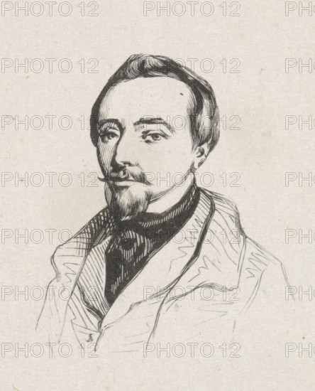 Portrait of Jean Pierre Cluysenaar, print, after drawing by anonymous, 1841 - 1842, printmaker, paper, wood engraving, height 45 mm x width 40 mm, Person, Jean Pierre Cluysenaar, historical persons, portrait, self-portrait of artist, self-portrait of painter, self-portrait of draughtsman, A black ink line drawing of a man shown from the chest up on a light textured background, with neatly combed hair, a mustache and pointed beard, arched eyebrows, and a composed facial expression; he wears a high-collared shirt and a jacket with visible lapels and patterned shading, and crosshatched lines define shadows on his face, neck, and clothing.