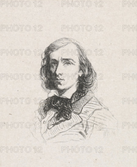 Portrait of Guillaume Anne van der Brugghen, print, after drawing by anonymous, 1841 - 1842, printmaker, paper, wood engraving, height 43 mm x width 35 mm, Person, Guillaume Anne van der Brugghen, historical persons, portrait, self-portrait of artist, self-portrait or painter, self-portrait or draughtsman, A black ink sketch on textured pale paper showing an upper-body portrait of a person with shoulder-length wavy hair, a contemplative facial expression, and shaded features; the figure wears a high-collared garment with layered clothing and a patterned scarf or neckpiece, drawn with cross-hatching and varied line work, leaving much of the lower clothing and background lightly sketched or blank.