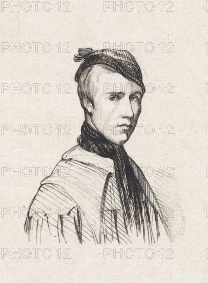 Self-portrait, print, printmaker: Adolphe Alexandre Dillens, 1841 - 1842, paper, wood engraving, height 41 mm x width 38 mm, Person, historical persons, portrait, self-portrait of artist, self-portrait of painter, self-portrait of draftsman, A black ink line drawing of a person from the chest up on a pale textured background, showing a short-haired face turned slightly to the side with a neutral expression, a close-fitting hat with a small decorative knot on top, and a dark scarf wrapped around the neck that hangs down over a garment with visible folds and striped shading.