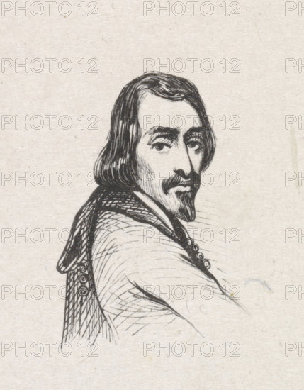 Portrait of François André Durlet, print, after drawing by Franciscus Andreas Durlet, 1841 - 1842, printmaker, paper, wood engraving, height 43 mm x width 30 mm, Person, historical persons, portrait, self-portrait of artist, self-portrait of painter, self-portrait of draftsman, A black ink drawing on textured off-white paper showing a three-quarter view of a man from the shoulders up, with medium-length dark hair parted and falling to his collar, a mustache and goatee, arched eyebrows, and a contemplative gaze; he wears a cloak or coat with visible button details and crosshatched shading on the fabric, and the background is plain paper texture.