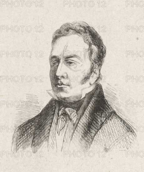 Portrait of Petrus Jacobus Goetghebuur, print, after drawing by anonymous, 1841 - 1842, printmaker, paper, wood engraving, height 48 mm x width 45 mm, Person, Pierre Jacques Goetghebuer, historical persons, portrait, self-portrait of artist, self-portrait of painter, self-portrait of draughtsman, A monochrome ink illustration shows the head and upper torso of a clean-shaven man with wavy hair combed back, sideburns, and a high forehead; he wears a high-collared coat over a cravat and vest, and his face is rendered with fine cross-hatching and contour lines conveying shadows and facial features, set against a textured blank background.